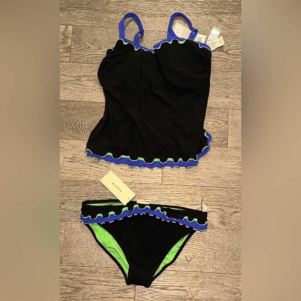 Profile By Gottex NWT Black and Blue Bikini Set Size 10 & 38E